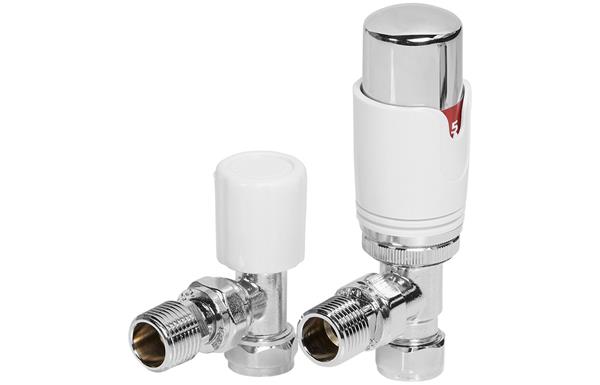 Round Thermostatic White Radiator Valves - Angled