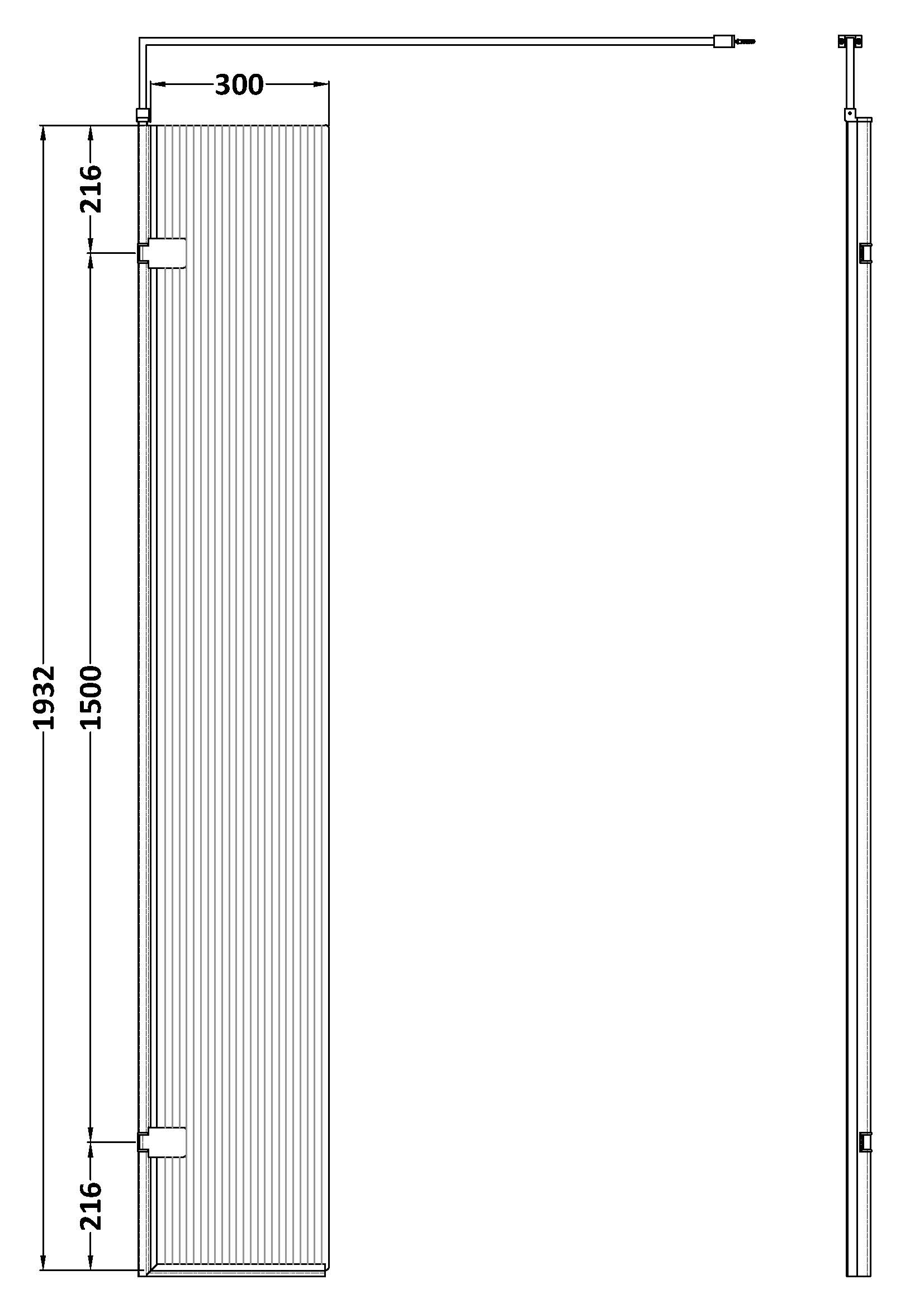 300x1950 Fluted Hinged Screen with Support Bar