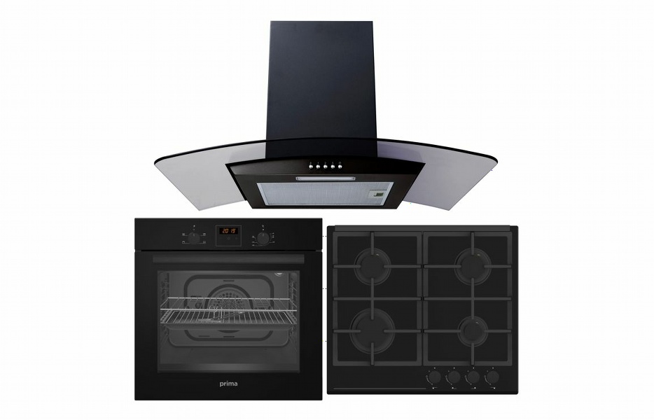 Prima Oven  Gas Hob & Curved Glass Chimney Hood Pack - Black