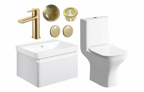 Sky 600mm Basin Unit & Close Coupled WC Pack - Matt White w/Brushed Brass Finishes