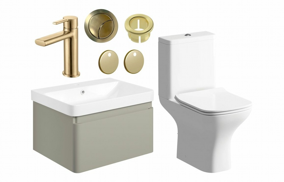 Sky 600mm Basin Unit & Close Coupled WC Pack - Matt Latte w/Brushed Brass Finishes