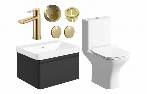 Sky 600mm Basin Unit & Close Coupled WC Pack - Matt Black w/Brushed Brass Finishes