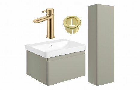 Sky 600mm Basin Unit & Tall Unit Pack - Matt Latte w/Brushed Brass Finishes