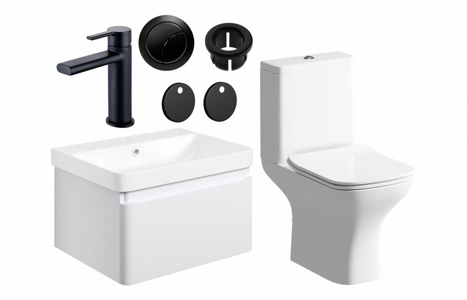 Sky 600mm Basin Unit & Close Coupled WC Pack - Matt White w/Black Finishes