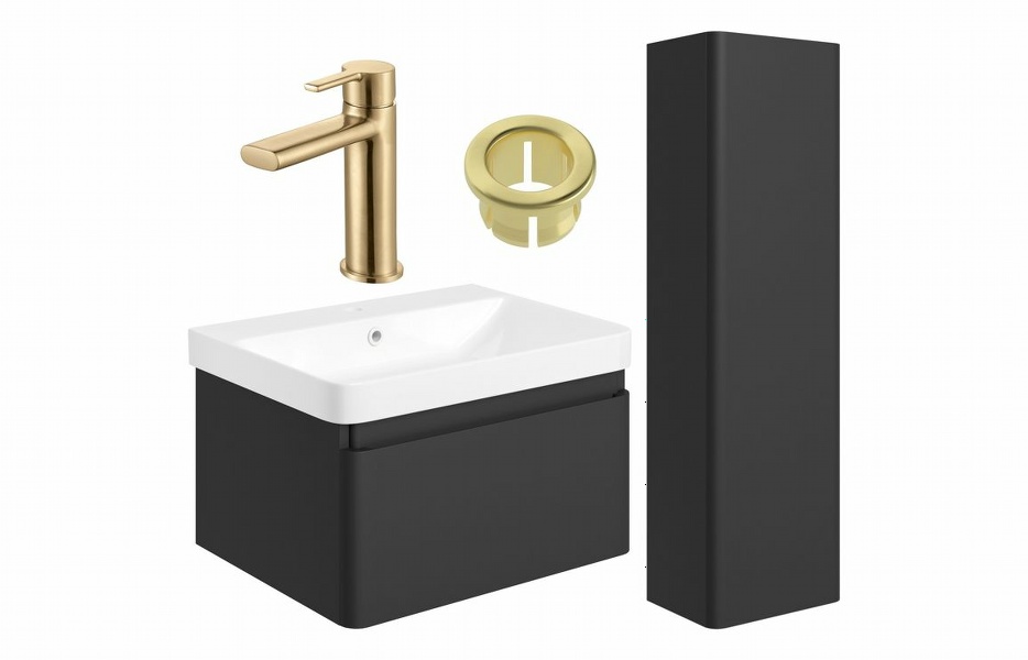 Sky 600mm Basin Unit & Tall Unit Pack - Matt Black w/Brushed Brass Finishes