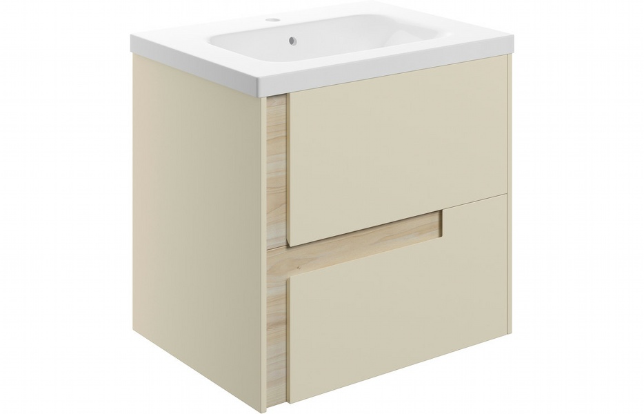 Contra 615mm Wall Hung 2 Drawer Basin Unit & White Basin - Matt Cotton & Oak Effect