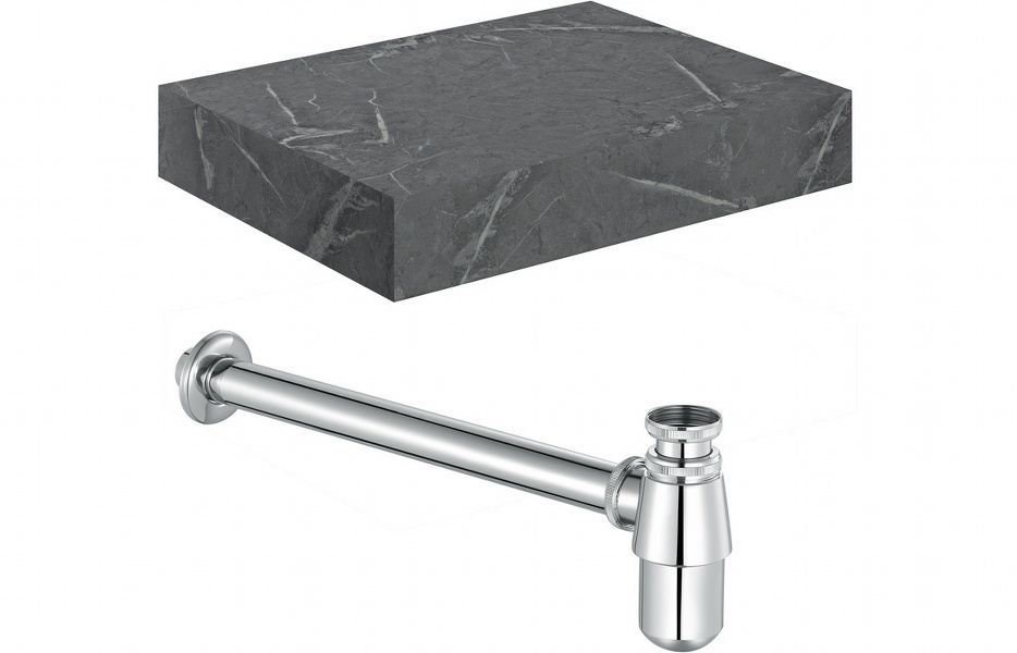 Nature 600mm Wall Hung Grey Marble Basin Shelf & Chrome Bottle Trap