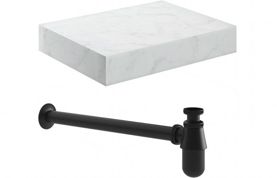 Nature 600mm Wall Hung White Marble Basin Shelf & Black Bottle Trap