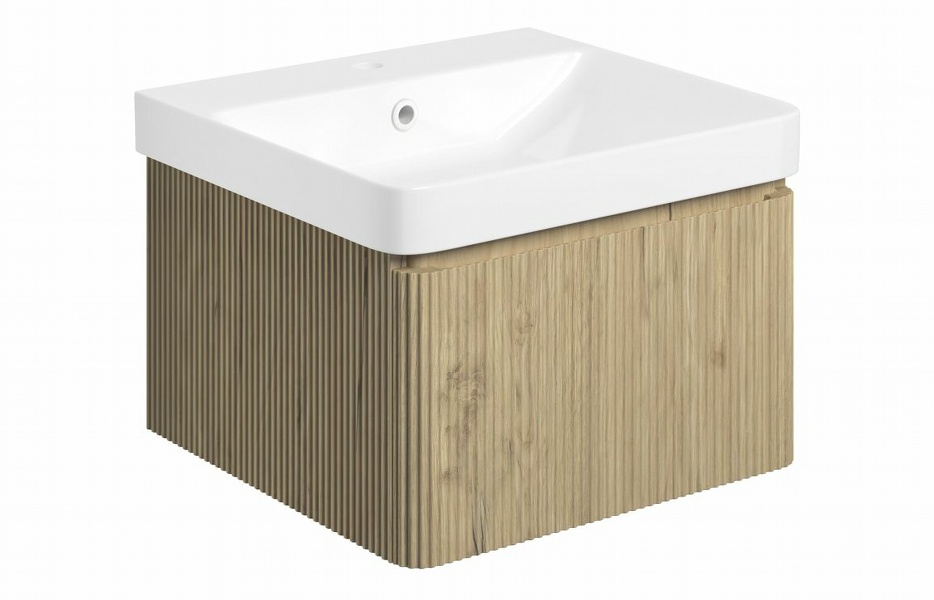 Flute 500mm Wall Hung 1 Drawer Basin Unit & Basin - Textured Oak