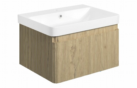 Flute 605mm Wall Hung 1 Drawer Basin Unit & Basin - Textured Oak