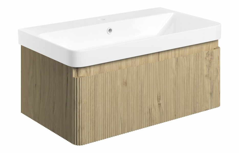 Flute 805mm Wall Hung 1 Drawer Basin Unit & Basin - Textured Oak