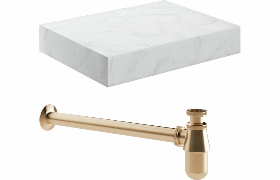 Nature 600mm Wall Hung White Marble Basin Shelf & Brushed Bronze Bottle Trap