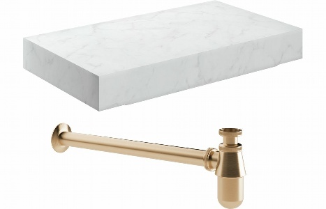 Nature 800mm Wall Hung White Marble Basin Shelf & Brushed Bronze Bottle Trap