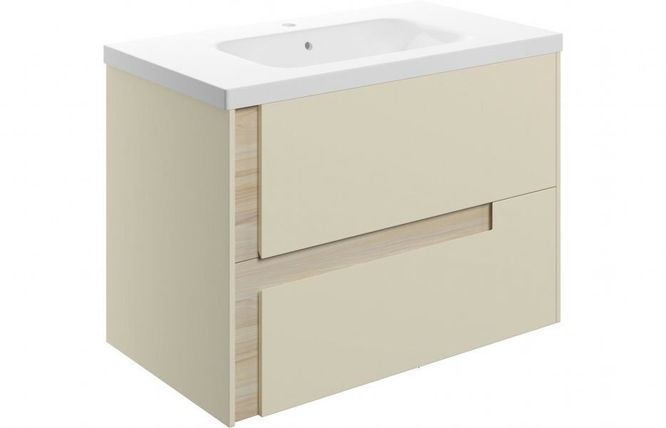 Contra 815mm Wall Hung 2 Drawer Basin Unit & White Basin - Matt Cotton & Oak Effect