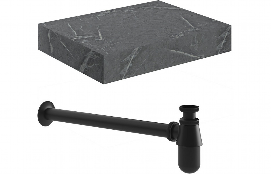 Nature 600mm Wall Hung Grey Marble Basin Shelf & Black Bottle Trap