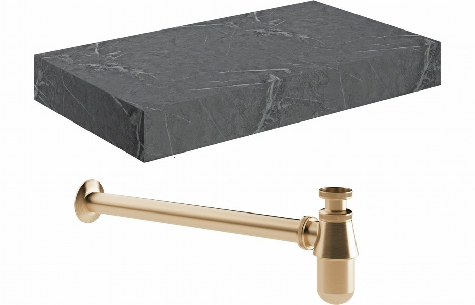 Nature 800mm Wall Hung Grey Marble Basin Shelf & Brushed Bronze Bottle Trap