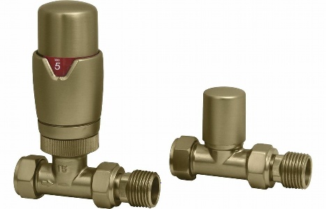 Round Thermostatic Brushed Brass Radiator Valves - Straight